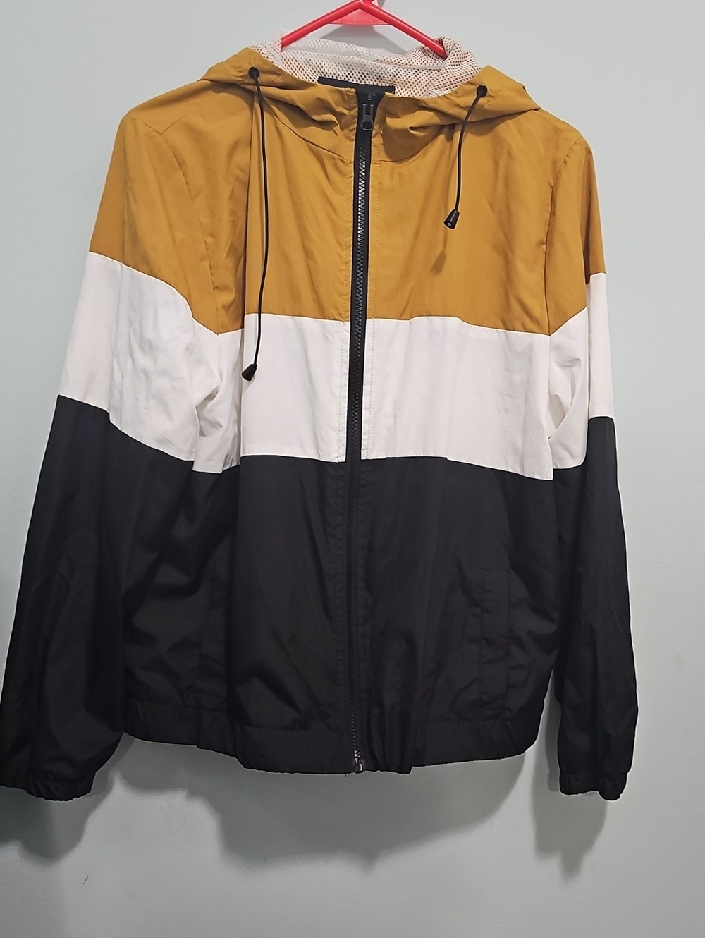 Women's Size Large Colorblock Hooded Windbreaker Jacket - Mustard, White & Black